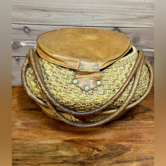 Vintage wicker & leather round rattan handwoven handbag bag tote purse creole - Picture 6 of 10